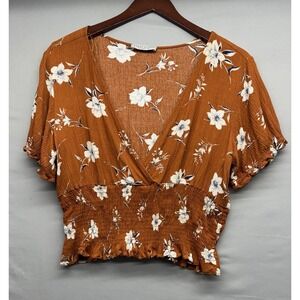 Paper Crane Blouse Women's L Cropped Smocked Short Sleeve V-Neck Boho Shirt*Read